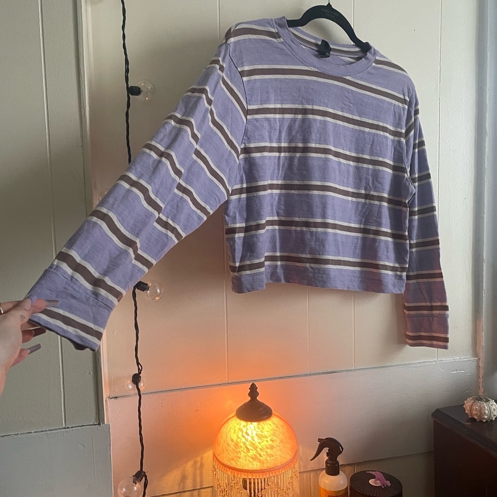 Wild Fable Striped Longsleeve Purple Brown White Crop Top Spring Summer Airy - Picture 5 of 5
